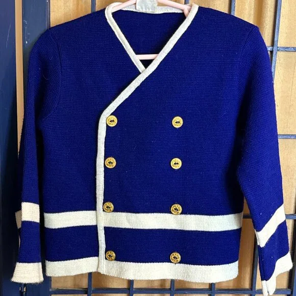 Vintage Little Angel Nautical Cardigan Navy Gold Button Sweater - Picture 2 of 8
